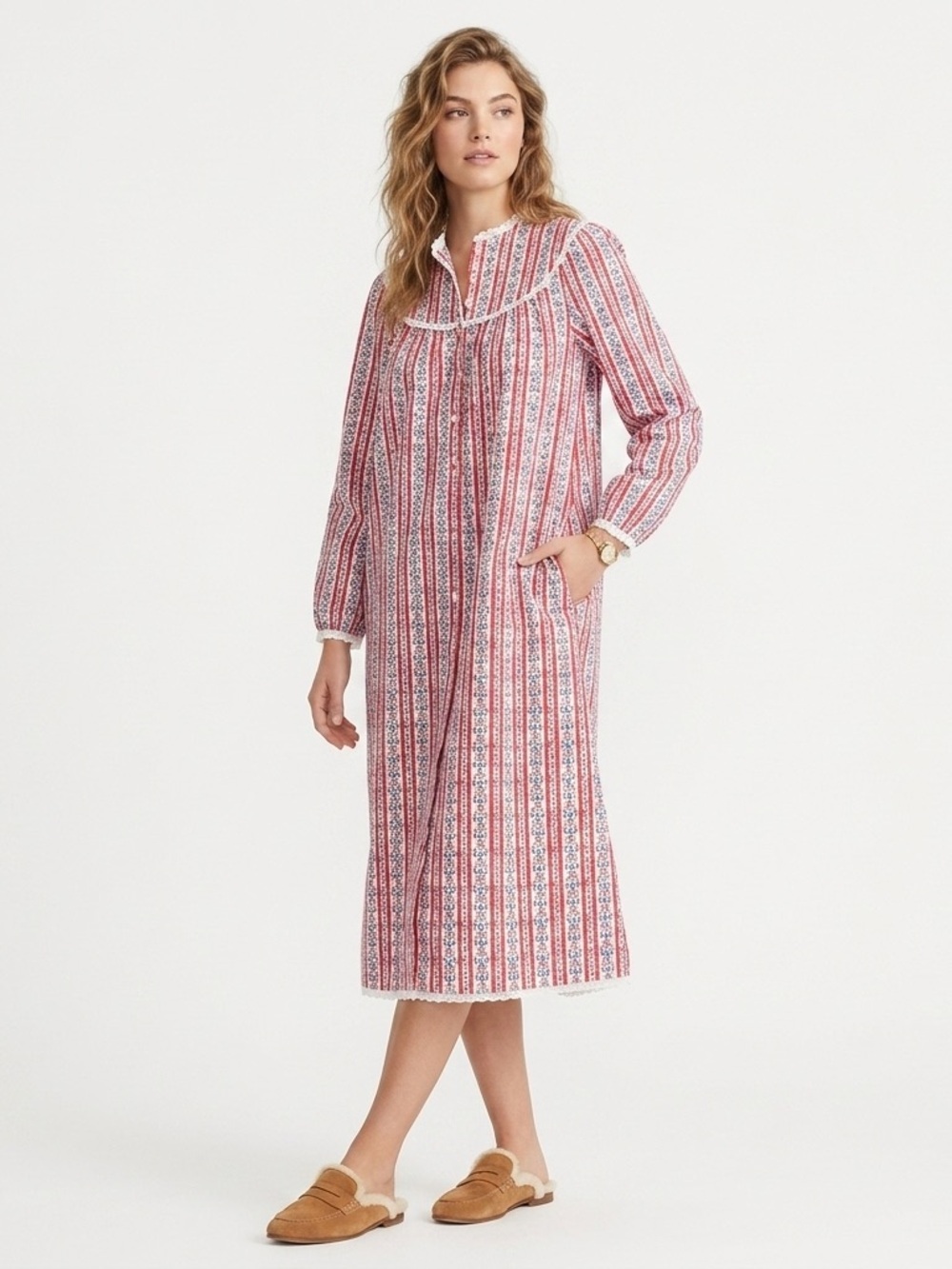 Lanz Of Salzburg Tyrolean Flannel Nightgown Heart Button Red Blue Floral Size M